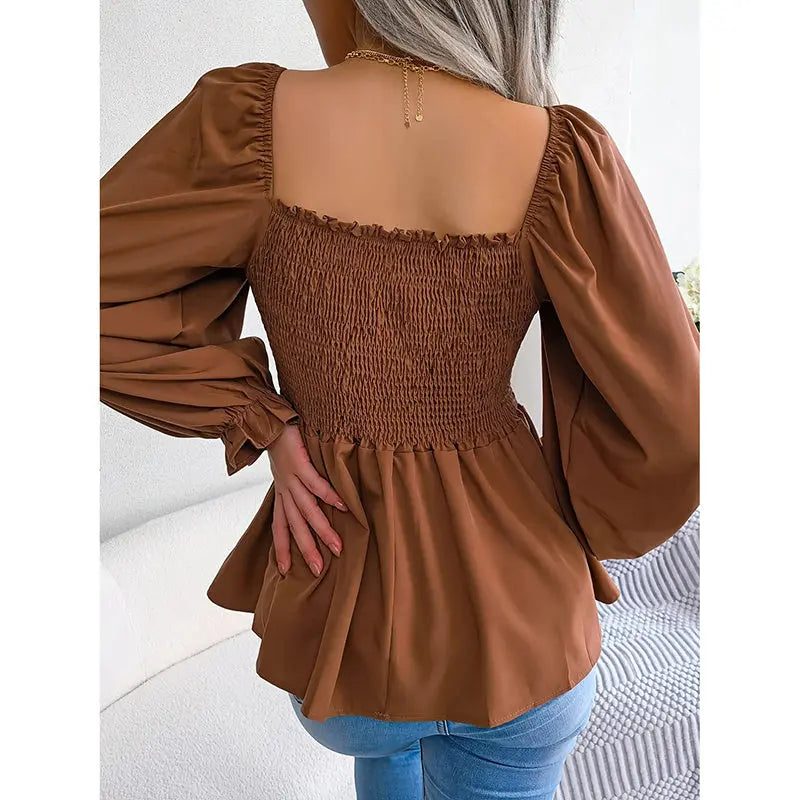 Women's Peplum Tops Square Neck Ruffle Trim Long Sleeve Blouse Smocked Top Dressy Casual Shirts Lady T Fashions
