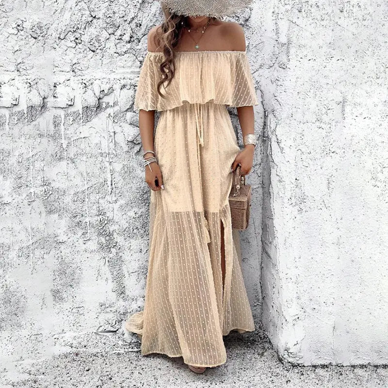 Womens Off The Shoulder Ruffle Party Dresses Side Split Beach Maxi Dress Lady T Fashions