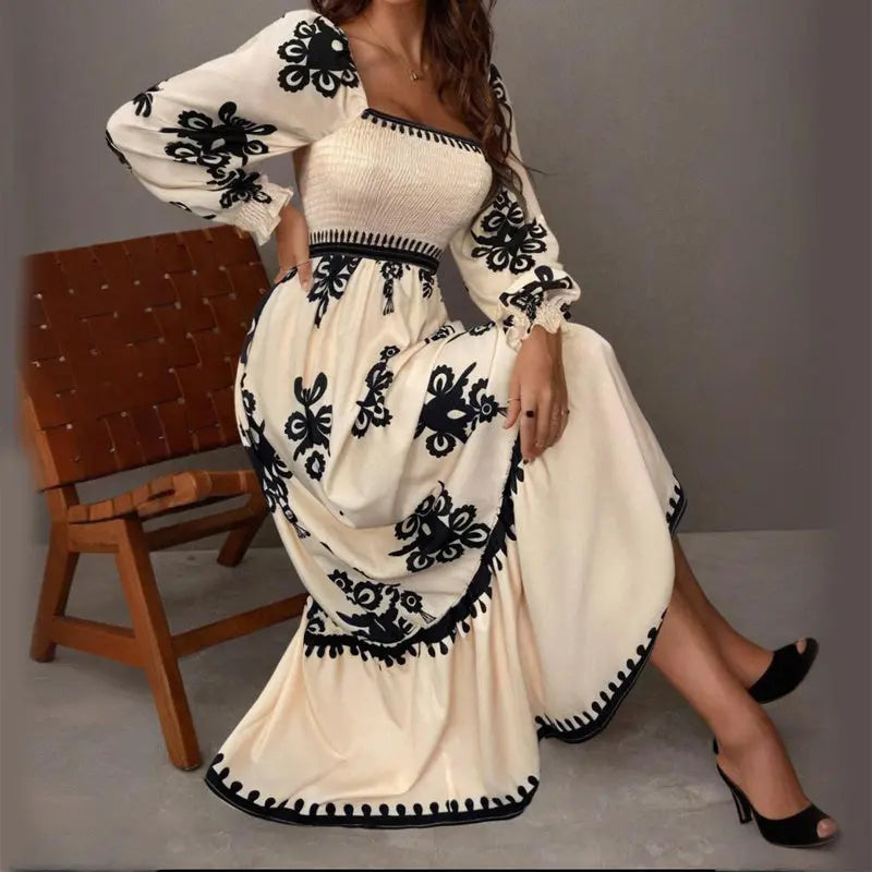 Elegant Women's Retro Geometric Print Lantern Sleeve Dress - Square Neck A-Line With Elastic Cuffs, Casual & Formal Dress Lady T Fashions