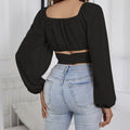 Ladies' Fashionable And Sexy Long Sleeved Lace Up Short Top Korean Retro Slim Fit Bubble Sleeve Personalized Square Neck Shirt Solid Color Slimming Lady T Fashions