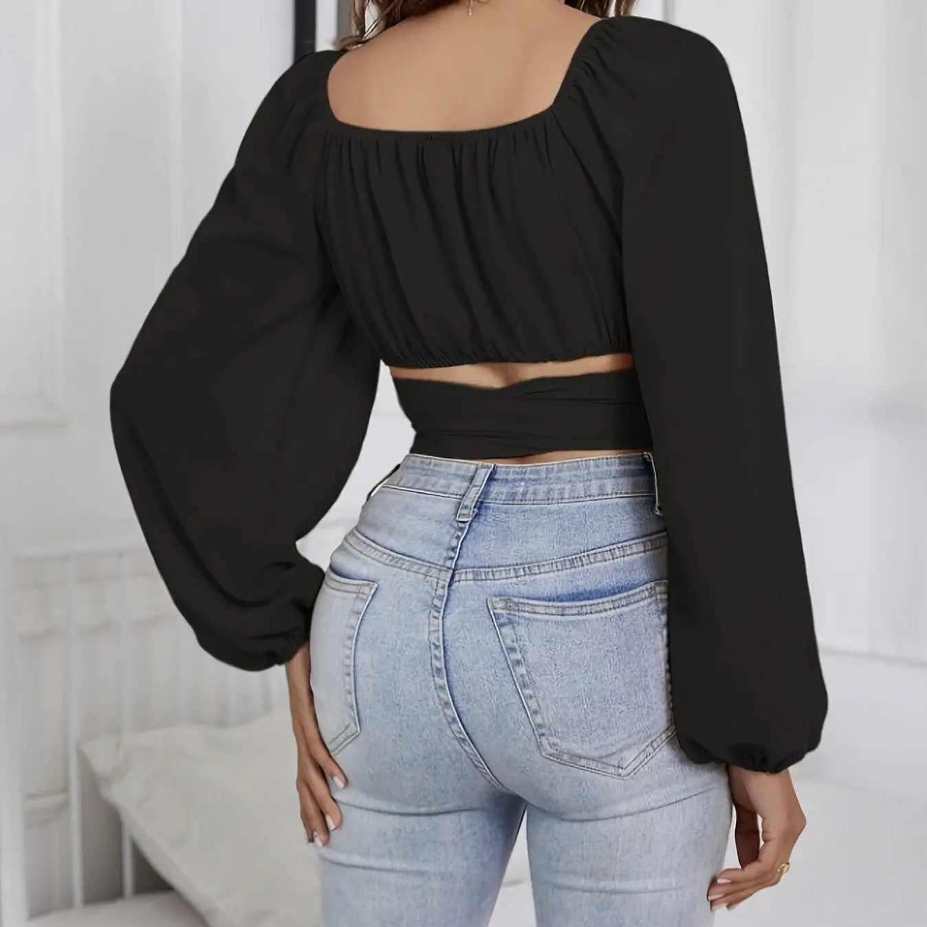 Ladies' Fashionable And Sexy Long Sleeved Lace Up Short Top Korean Retro Slim Fit Bubble Sleeve Personalized Square Neck Shirt Solid Color Slimming Lady T Fashions