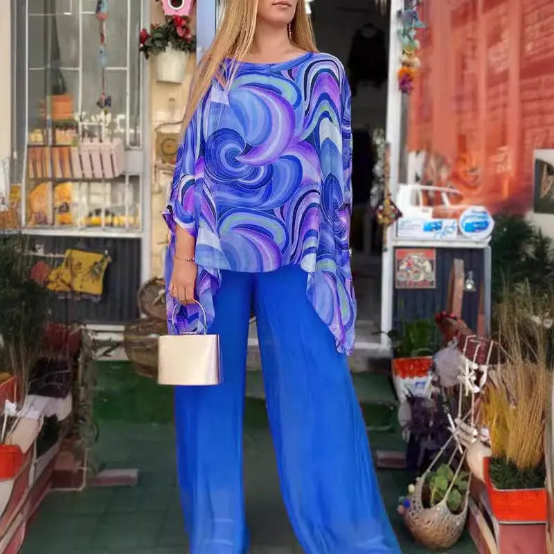 Summer New Colorful Chiffon Suit Casual Round Neck Printed Two-piece Suit Lady T Fashions