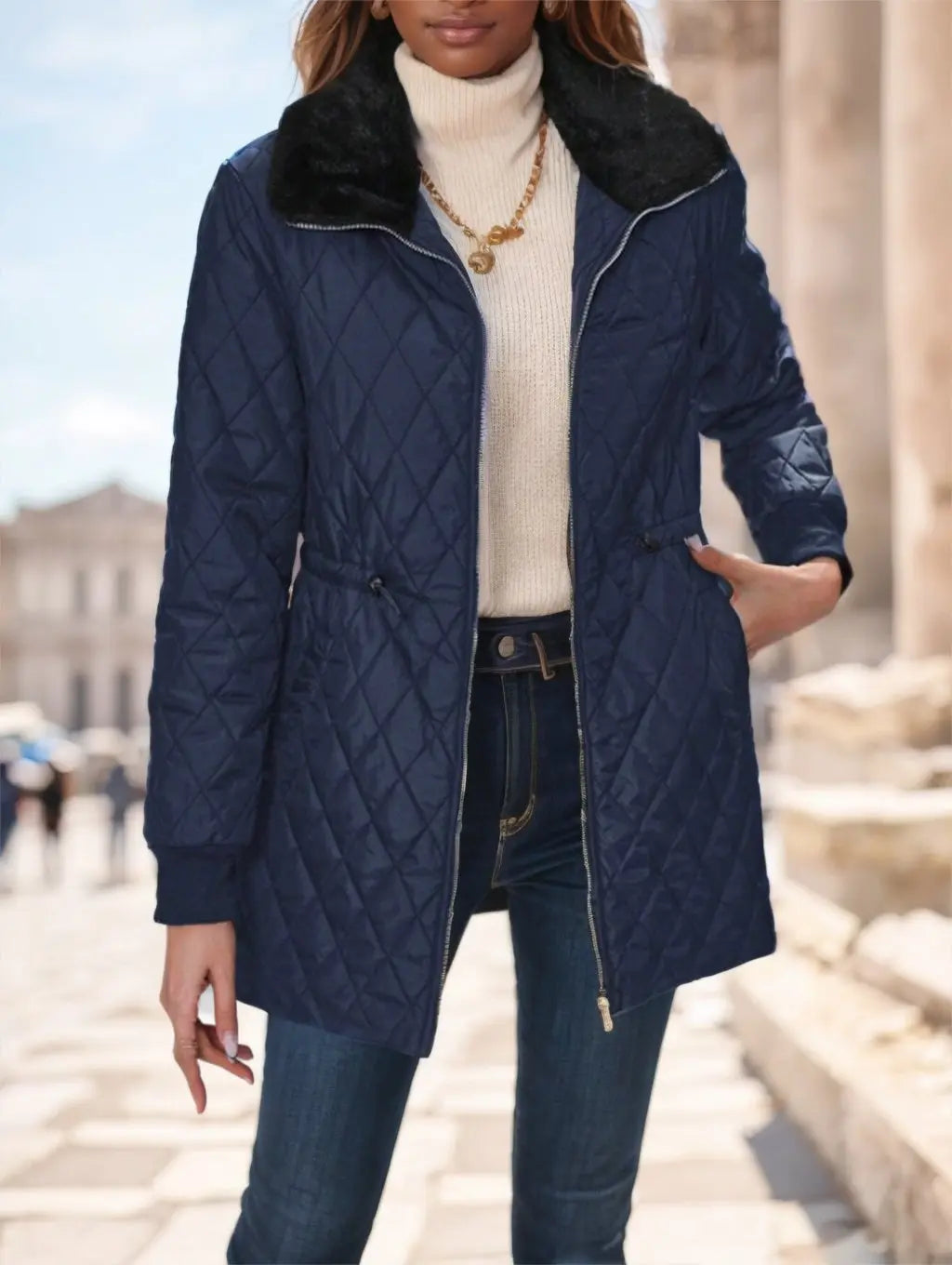 Casual Winter Clothes Contrast-Color Fur Collar Drawstring Waist Padded Padded Coat Lady T Fashions