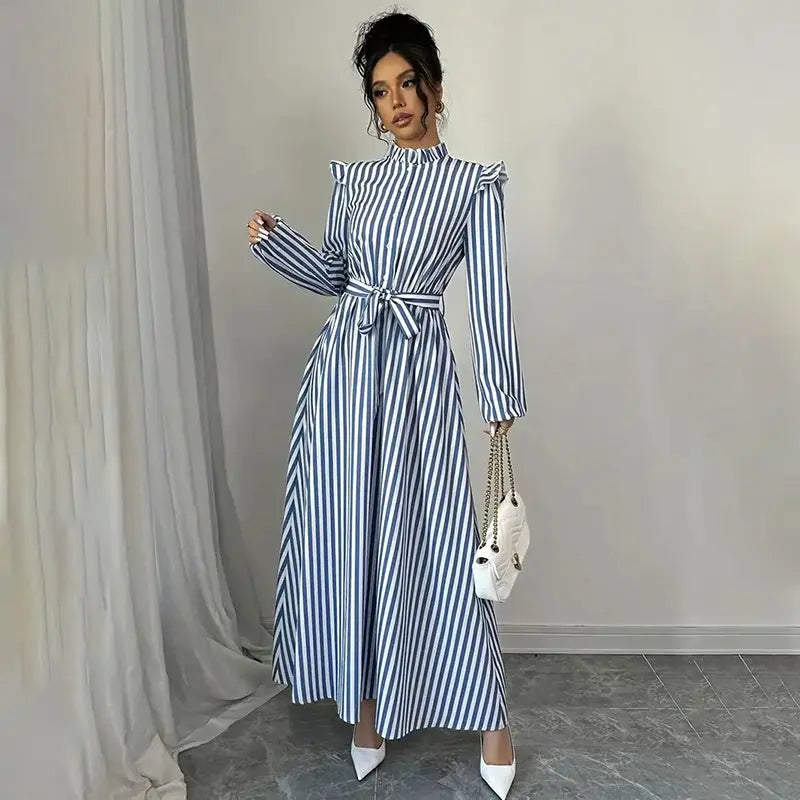 Women's Floral Print Long Sleeve Maxi Dress - Stand Collar A-Line Dress With Waist Detail, Lantern Sleeves & Ruffle Hem For Spring&Fall Lady T Fashions