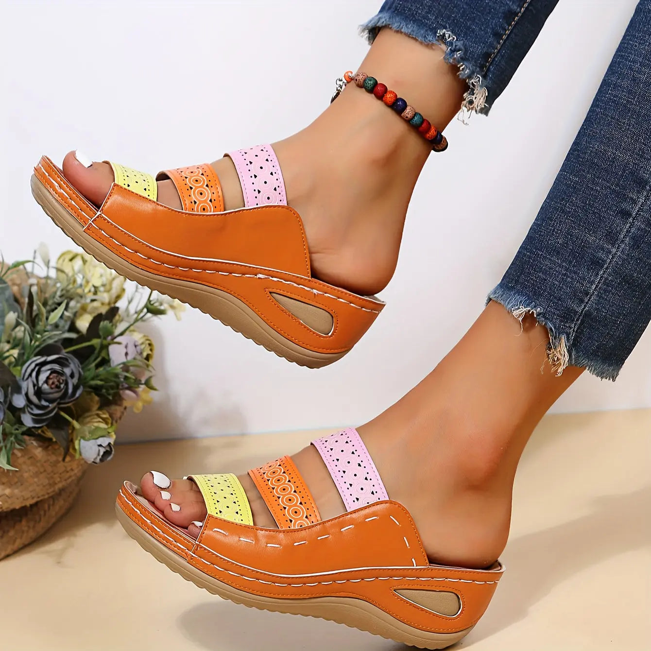 Women's Colorblock Wedge Sandals, Open Toe Hollow Out Slip On Slides Shoes, Casual Outdoor Slides Lady T Fashions