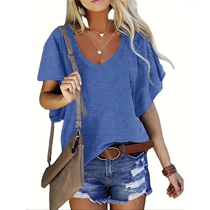 Women's Solid Color V-Neck Short Sleeve T-Shirt - Basic Summer Casual Top Lady T Fashions