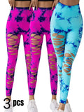3 Pack New Style Hollow-Out Tie-Dye High-Waisted Tummy-Control Yoga Pants Lady T Fashions