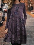 European And American Summer 3D Printing Dress Floral Round Neck Long Sleeve Lady T Fashions