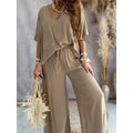 Women's 2 Piece Outfit, Casual Solid Color V-Neck Half Sleeve Top And Wide Leg Pants Lounge Set Lady T Fashions