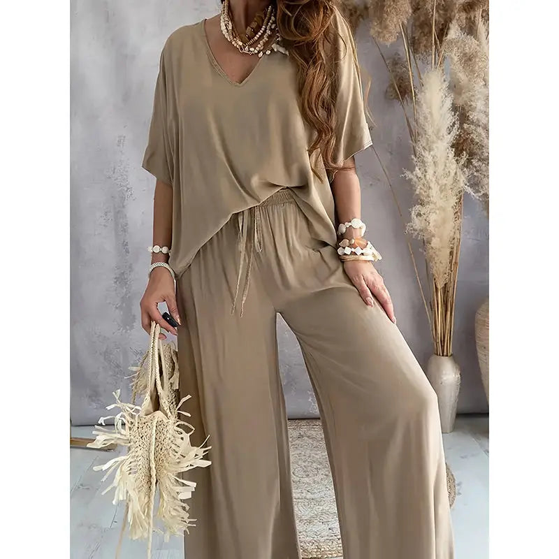 Women's 2 Piece Outfit, Casual Solid Color V-Neck Half Sleeve Top And Wide Leg Pants Lounge Set Lady T Fashions