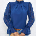 Women's Solid Color Mesh Patchwork Long Sleeved Shirt With Black Fungus Edge Collar Lady T Fashions