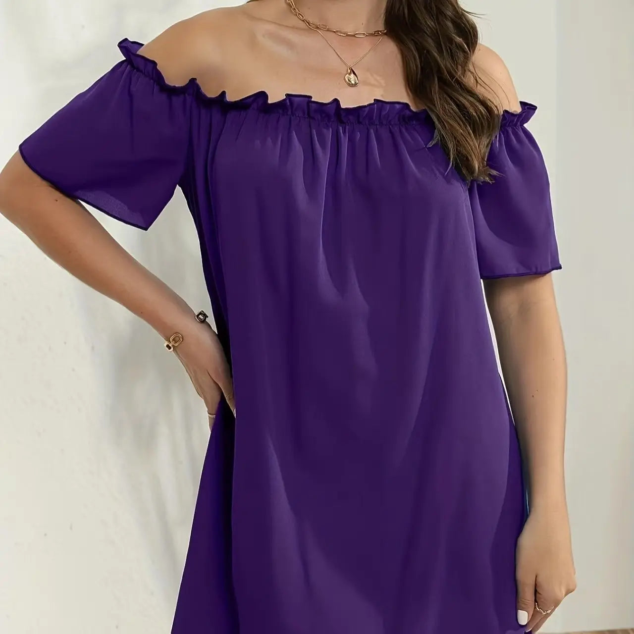 Ladies' Fashion Off Shoulder Ruffle Solid Color Decorative One Shoulder Casual Dress Lady T Fashions