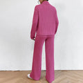Women's Solid Color 2-Piece Set High Neck Long Sleeve Top & Pants, Striped Loungewear For Fall&Winter Lady T Fashions