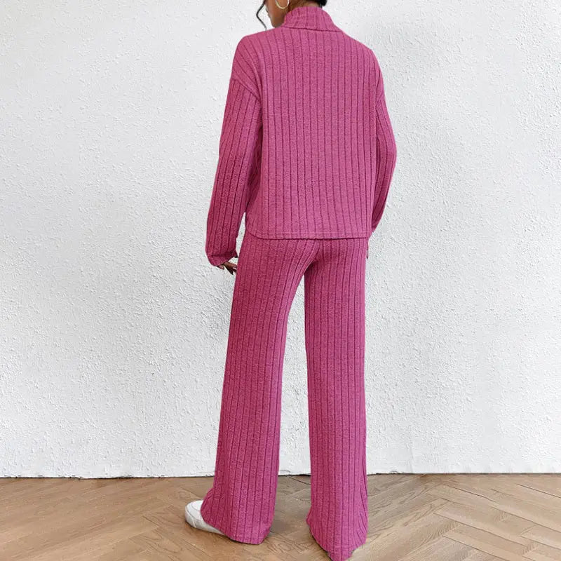 Women's Solid Color 2-Piece Set High Neck Long Sleeve Top & Pants, Striped Loungewear For Fall&Winter Lady T Fashions