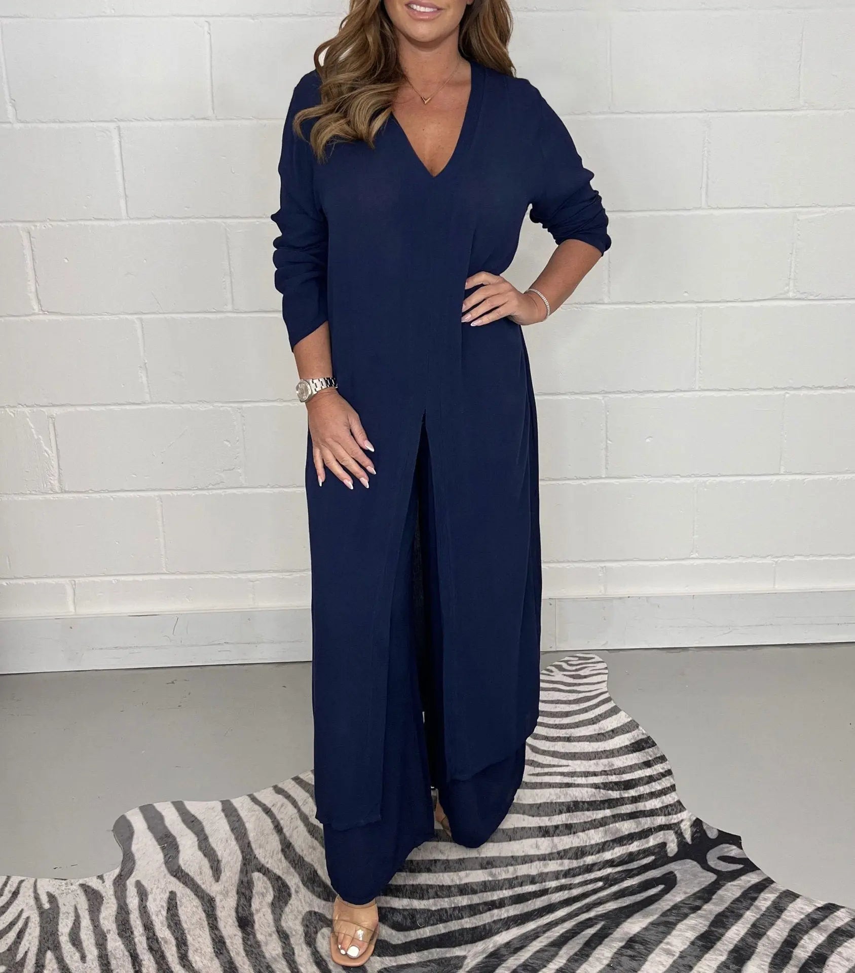 Women's Fashion Simple Solid Color Long Top Long Pants Set Lady T Fashions