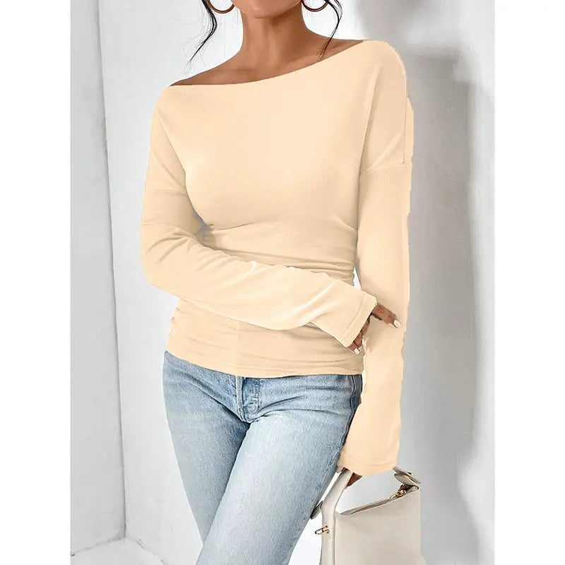 Women's Off The Shoulder Tops Long Sleeve T Shirts Going Out Tops Casual Trendy Ruched Slim Fitted Tees Lady T Fashions