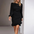 Women's Solid Color Bohemian Puff Sleeve Dress - Slim Fit Round Neck Long Sleeve Dress For Casual & Semi-Formal Occasions Lady T Fashions