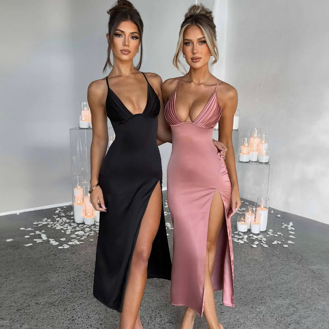 Spaghetti Strap Dress With Split Design Deep V-neck Sleeveless Backless Bodycon Party Dresses For Womens Clothing Lady T Fashions
