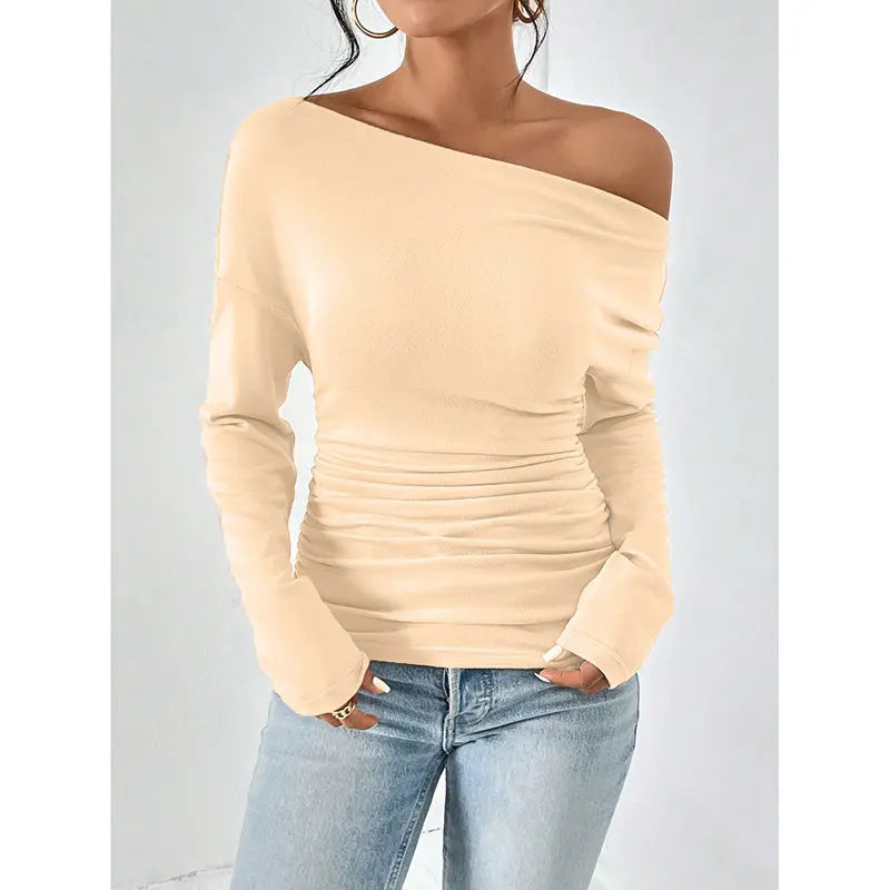 Women's Off The Shoulder Tops Long Sleeve T Shirts Going Out Tops Casual Trendy Ruched Slim Fitted Tees Lady T Fashions