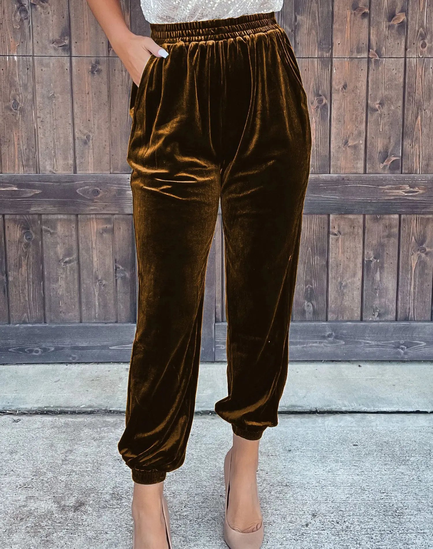 Women's Solid Color Straight Pants With Elastic Waist And Casual Cuffs Lady T Fashions