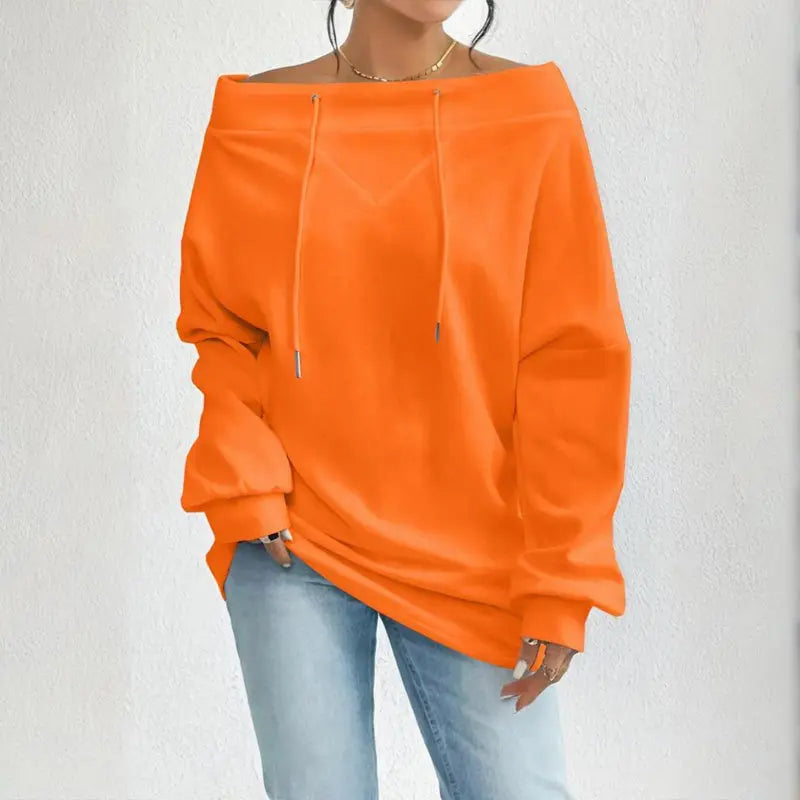 Plus Size Women's Solid Color Off-Shoulder Long Sleeve Pullover With Drawstring - Casual Ribbed Detail Top For Spring&Fall Lady T Fashions