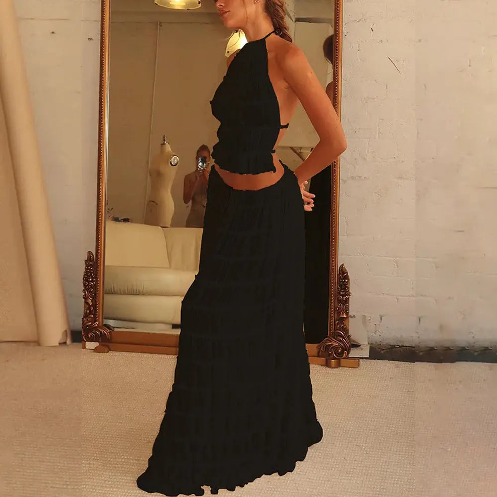 2pcs Women's Dress Suit Sexy Sleeveless Backless Cropped Halter Top And Pleated Long Skirt Beach Clothing Lady T Fashions