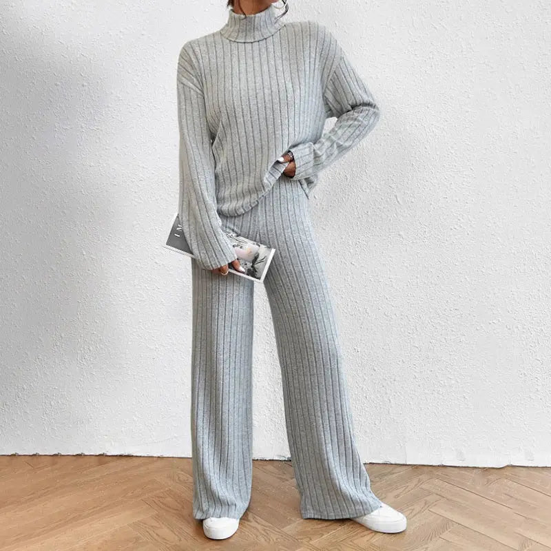 Women's Solid Color 2-Piece Set High Neck Long Sleeve Top & Pants, Striped Loungewear For Fall&Winter Lady T Fashions