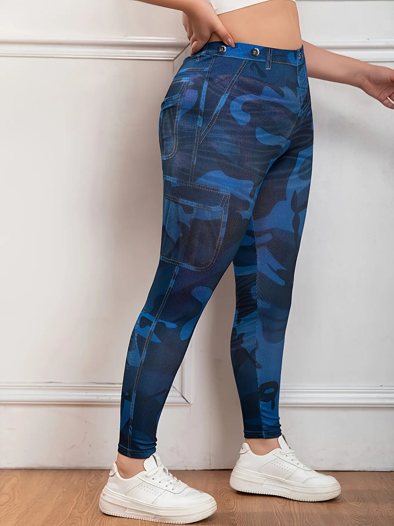 【imitation denim】Plus Size - Stretchy Leggings with a Camouflage Pattern for Plus-Size Women. Lady T Fashions