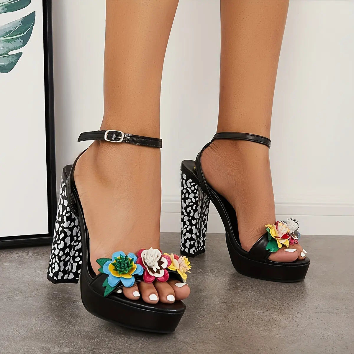 Women's 3D Floral Ankle Strap High Heels, Open Toe Chunky Heel Sandals, Fashionable Dress Shoes Lady T Fashions