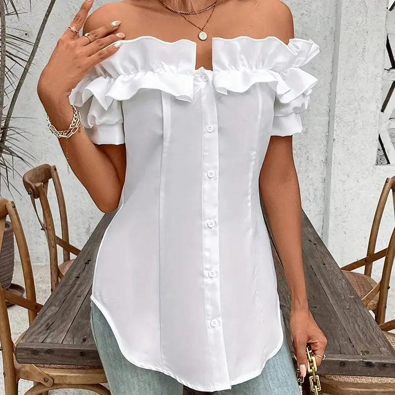 Women's Solid Color Off-Shoulder Ruffled Blouse - Waist Button-Down Shirt For Vacation & Daily Wear Lady T Fashions