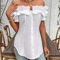Women's Solid Color Off-Shoulder Ruffled Blouse - Waist Button-Down Shirt For Vacation & Daily Wear Lady T Fashions
