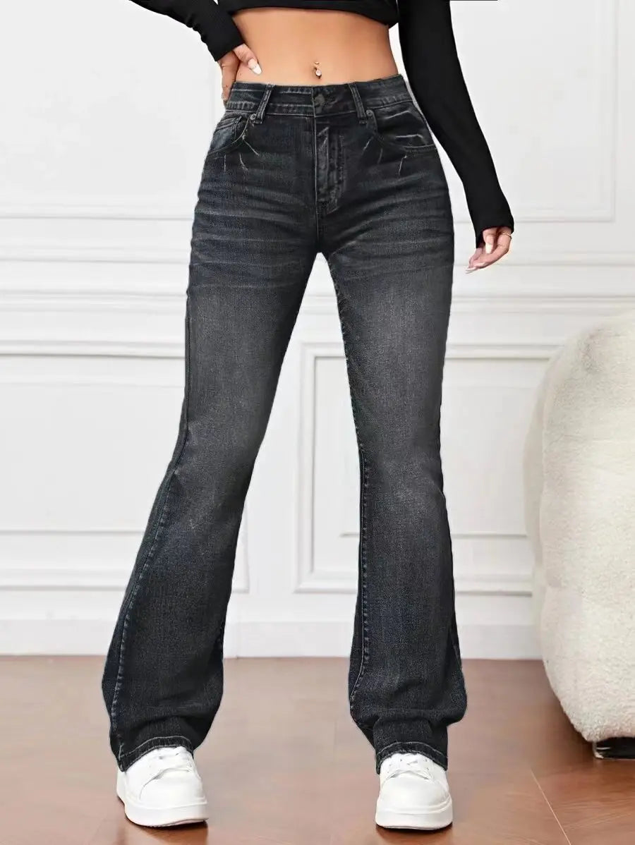 Denim High Waist Loose And Slimming Bootcut Trousers Lady T Fashions