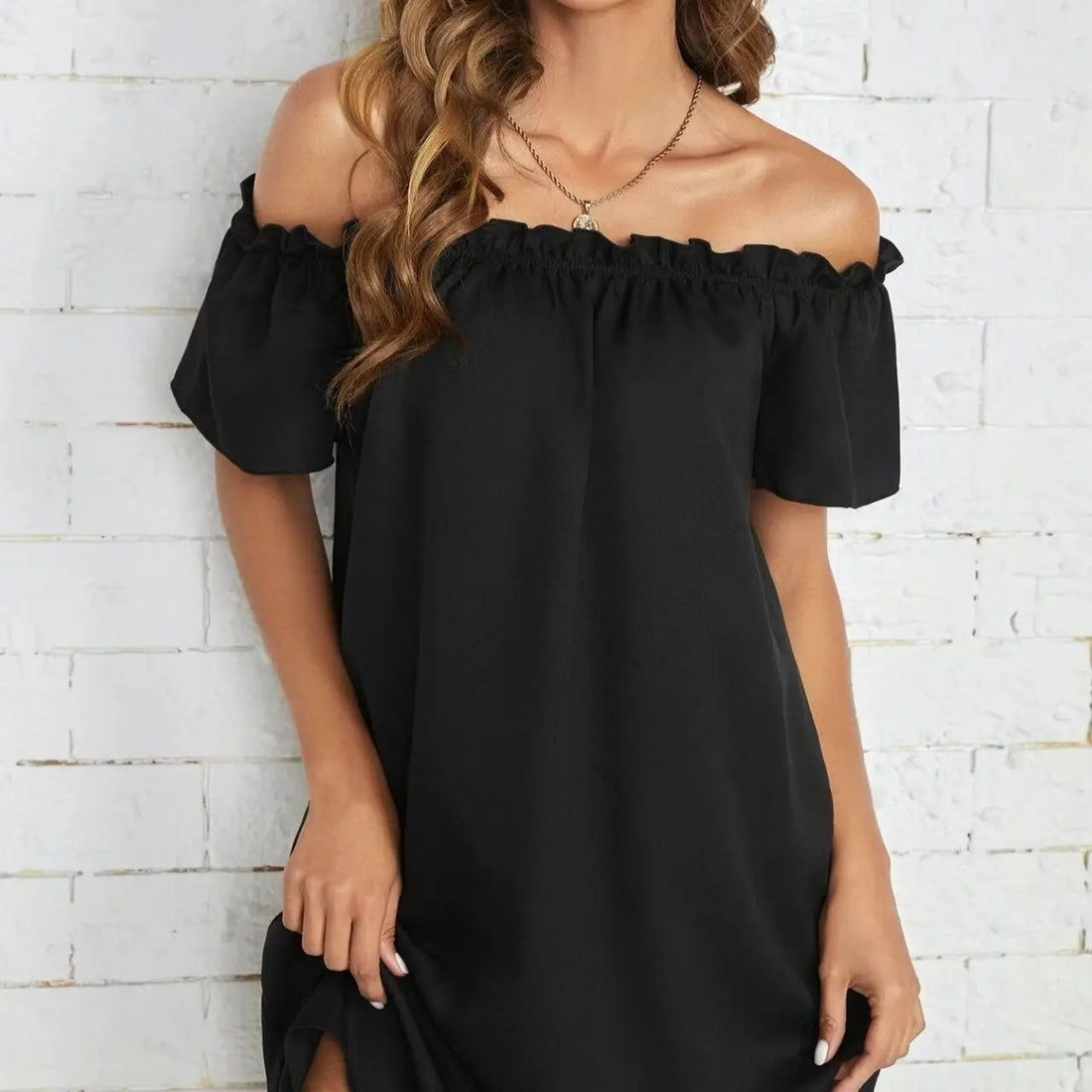 Ladies' Fashion Off Shoulder Ruffle Solid Color Decorative One Shoulder Casual Dress Lady T Fashions
