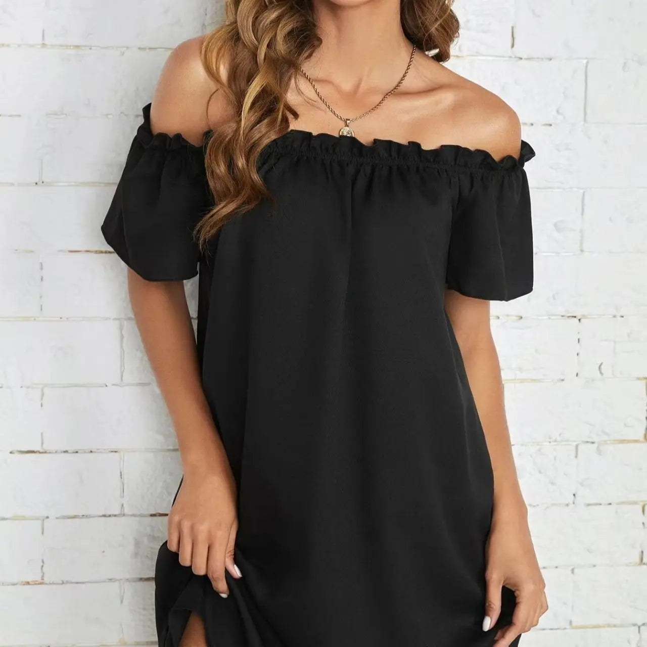 Ladies' Fashion Off Shoulder Ruffle Solid Color Decorative One Shoulder Casual Dress Lady T Fashions