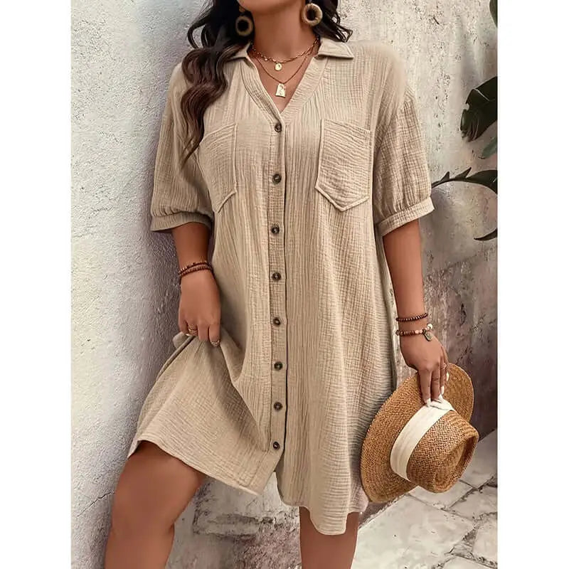 Womens Cotton Shirt Dress Summer Casual Short Sleeve Button Down V Neck Loose Mini Dress With Pockets Lady T Fashions