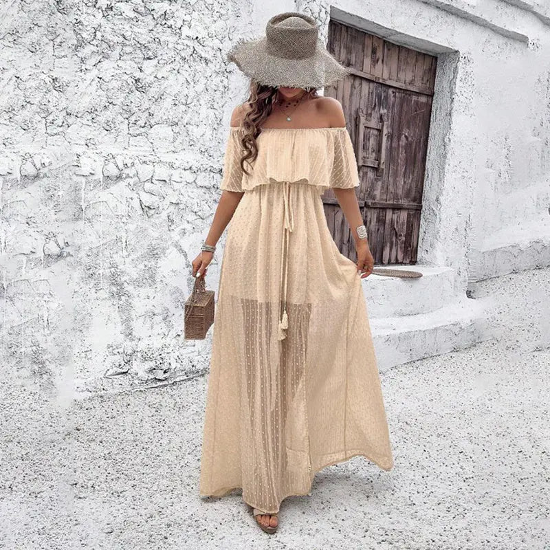 Womens Off The Shoulder Ruffle Party Dresses Side Split Beach Maxi Dress Lady T Fashions