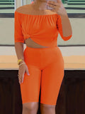 Sexy Solid Fashion Pantsuits Two-piece Set, Off Shoulder Short Sleeve Tops & Slim Shorts Set, Women's Clothing Lady T Fashions