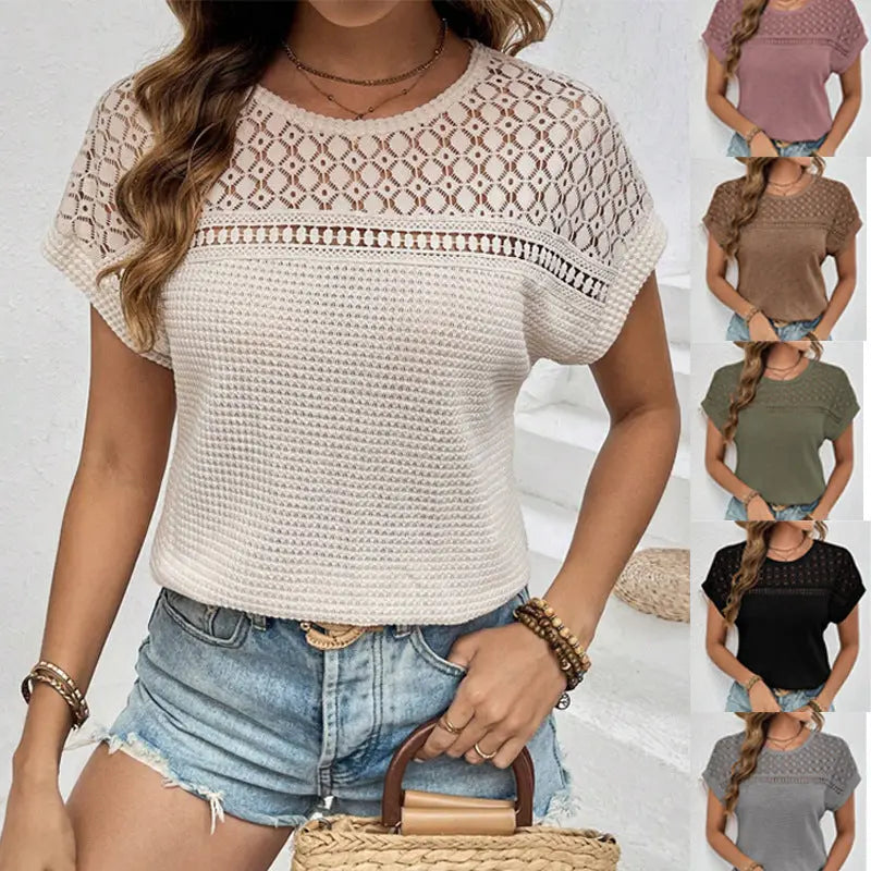Women's Hollow Breathable All-match Short-sleeved T-shirt Lady T Fashions