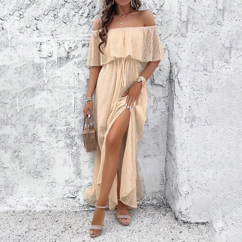 Womens Off The Shoulder Ruffle Party Dresses Side Split Beach Maxi Dress Lady T Fashions