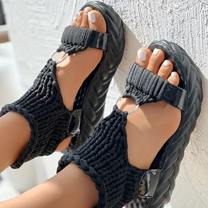Women's Knitted Platform Sandals with Thick Cushioned Midsole - Adjustable Back Strap, Open-Toe Summer Shoes, Breathable Fabric Upper & TPR Sole for Casual Outings, Beach, Student Fashion, Ladies Sandals Lady T Fashions