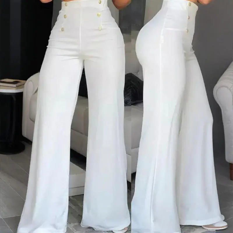Women's Elegant High-Waisted Wide Leg Pants With Double-Breasted Buttons - Flared Trousers For Casual & Formal Wear Lady T Fashions