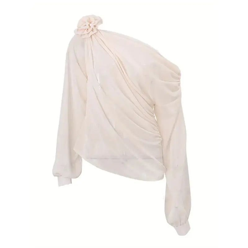 Women's Off Shoulder Tops Elegant Long Sleeve Asymmetrical Neck Ruched Chiffon Blouse Shirts Going Out Top Y2k Shirts Lady T Fashions