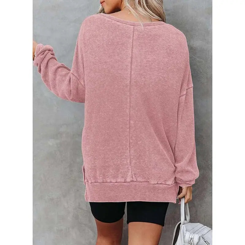 Womens Waffle Knit Crewneck Sweatshirts Long Sleeve Side Slits Casual Pullover Sweatshirt Tops Lady T Fashions