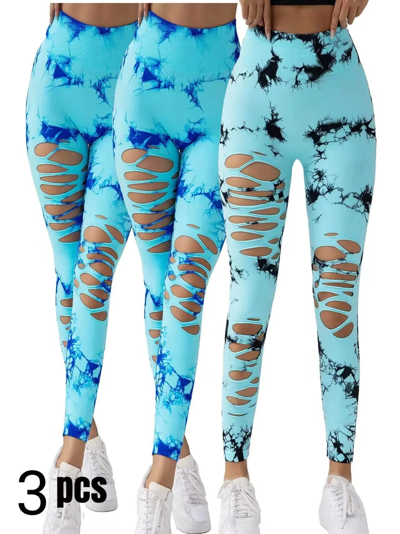 3 Pack New Style Hollow-Out Tie-Dye High-Waisted Tummy-Control Yoga Pants Lady T Fashions