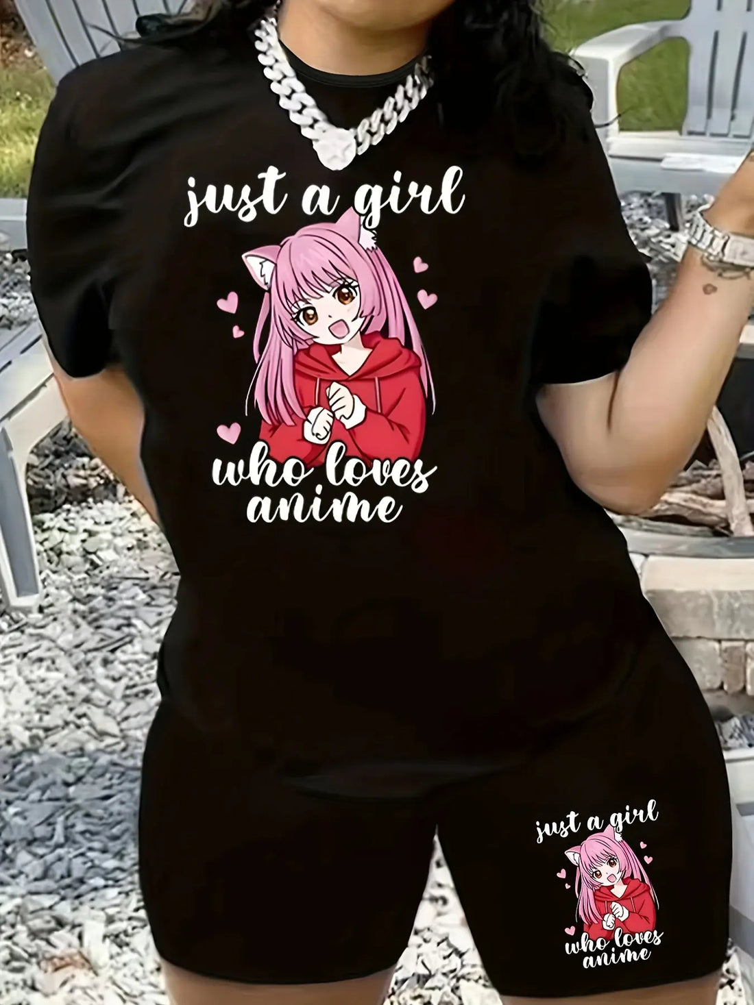 Plus Size Anime Print Two-piece Set - Stylish Crew Neck, Comfortable Short Sleeves, Adorable Top and Shorts Outfits for a Complete Look - Designed for Plus Size Women, High-Quality Womens Clothing Lady T Fashions