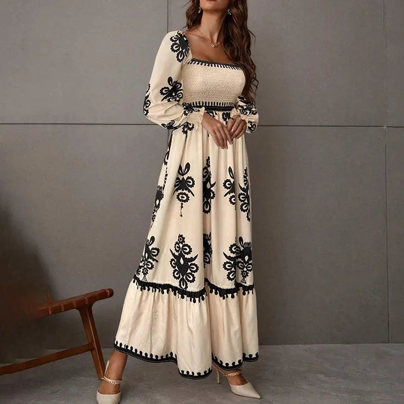 Elegant Women's Retro Geometric Print Lantern Sleeve Dress - Square Neck A-Line With Elastic Cuffs, Casual & Formal Dress Lady T Fashions