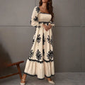 Elegant Women's Retro Geometric Print Lantern Sleeve Dress - Square Neck A-Line With Elastic Cuffs, Casual & Formal Dress Lady T Fashions