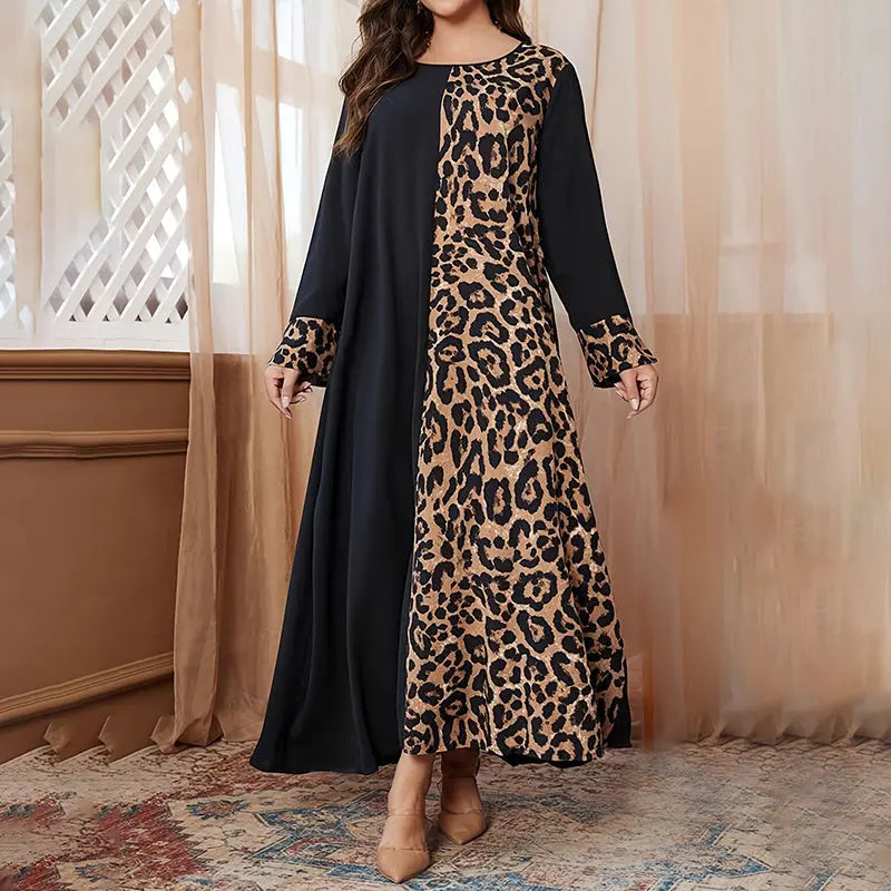 Womens Leopard Print Maxi Dresses Color Block Long Sleeve Dress Casual Summer Dresses Lady T Fashions