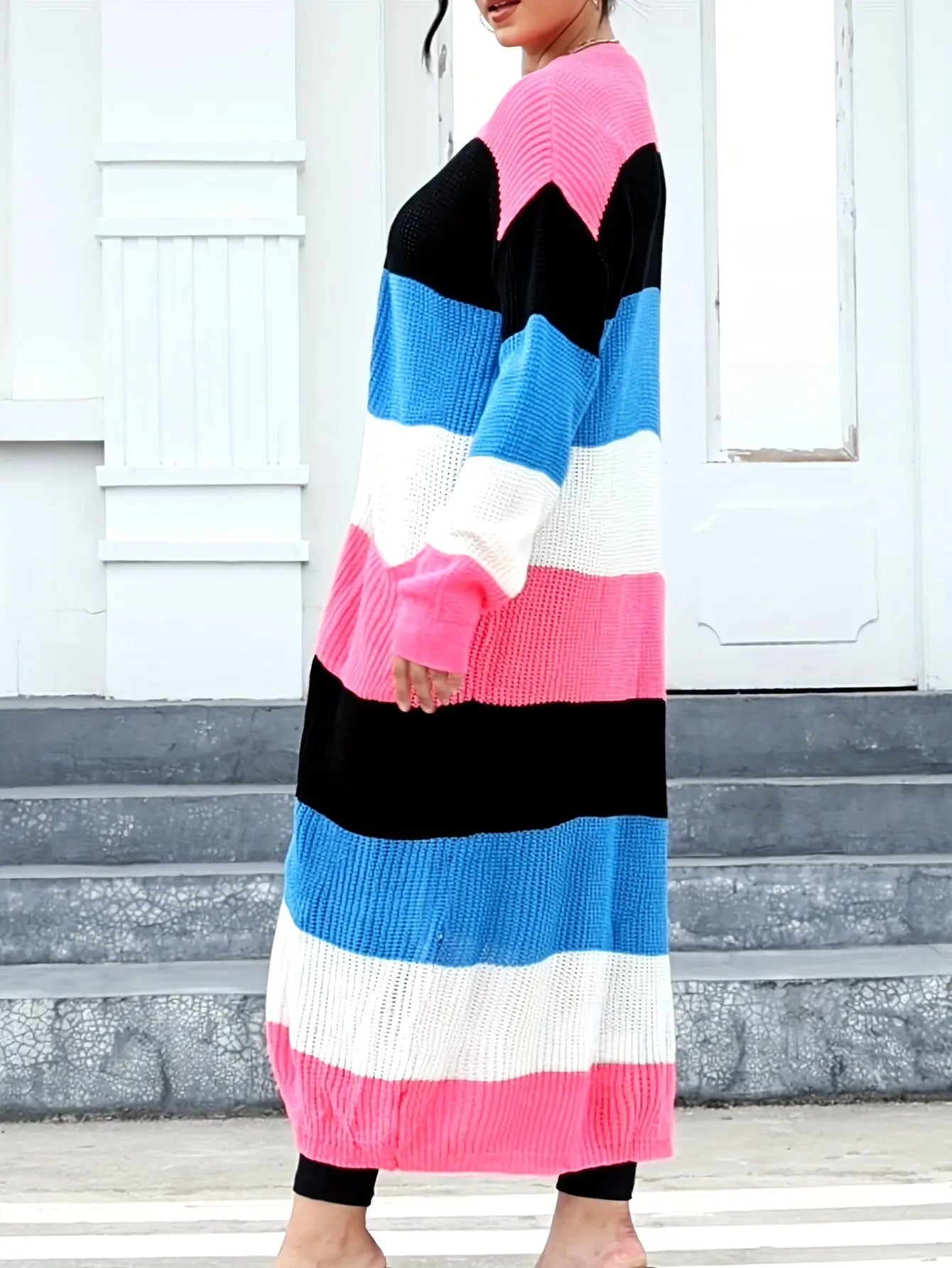 Plus Size Cozy Colorblock Striped Cardigan - Soft Knitted Fabric, Long Sleeves, Open Front Design, Perfect for Casual Daily Wear - Designed for Plus Size Women, Womens Fashion Clothing Lady T Fashions