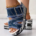 Women's Letter Print & Denim Canvas Sandals, Slip-on Buckle Wedge Heel Shoes, Fashion & Summer Women's Shoes Lady T Fashions